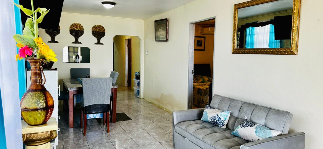 Cozy living room with tropical decor, comfortable seating, and vibrant floral accents at Seaview Escape Tobago.